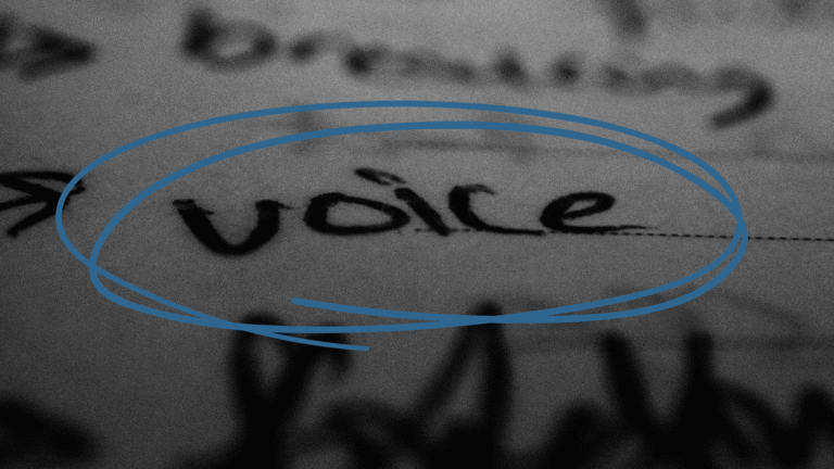 parola voice scritta su un foglio di carta, cerchiata di blu, in mezzo ad altre scritte